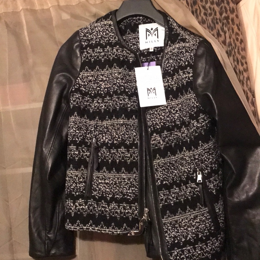 MILLY Leather and tweed jacket